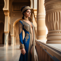 A statuesque Middle Eastern model dressed in regal attire, amidst the grandeur of an ancient palace.