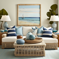 (Living Room Description): Step into a serene coastal living room, with shades of blue and sea- inspired decor. (Furniture Description): You'll find a white-washed rattan sofa, a driftwood coffee table and nautical striped accent chairs. (Famous Interior of Designer Nate Style): Berkus, this Influenced Living by room the radiates coastal relaxed elegance beachside vibes.