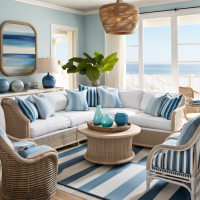 (Living Room Description): Step into a serene coastal living room, with shades of blue and sea- inspired decor. (Furniture Description): You'll find a white-washed rattan sofa, a driftwood coffee table and nautical striped accent chairs. (Famous Interior of Designer Nate Style): Berkus, this Influenced Living by room the radiates coastal relaxed elegance beachside vibes.